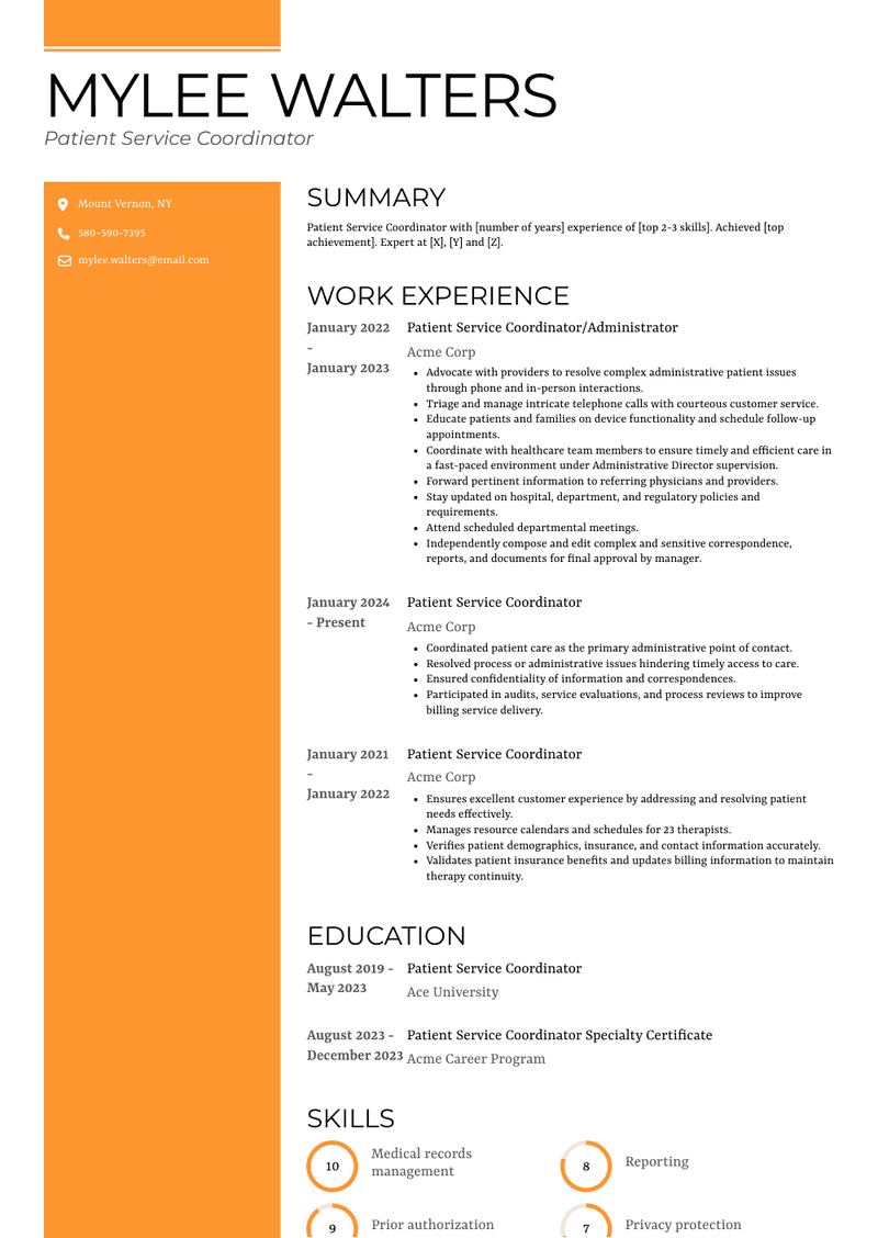 Patient Service Coordinator Resume Sample and Template