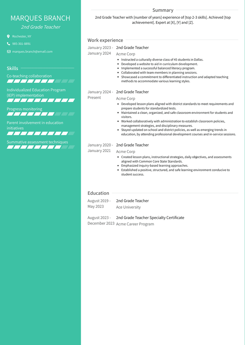 2nd Grade Teacher Resume Sample and Template