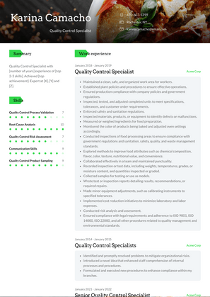 Quality Control Specialist Resume Sample and Template