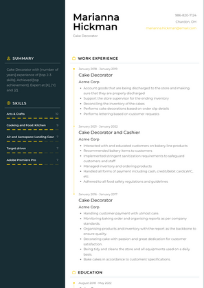 Cake Decorator Resume Sample and Template