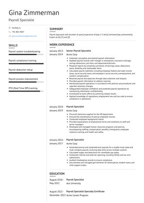 Payroll Specialist Resume Sample and Template