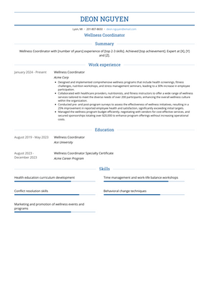 Wellness Coordinator Resume Sample and Template