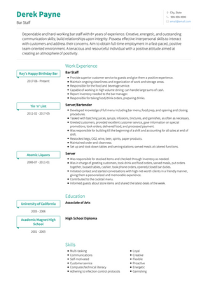 Bar Staff CV Example and Template