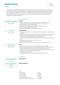 Bar Staff Resume Sample and Template