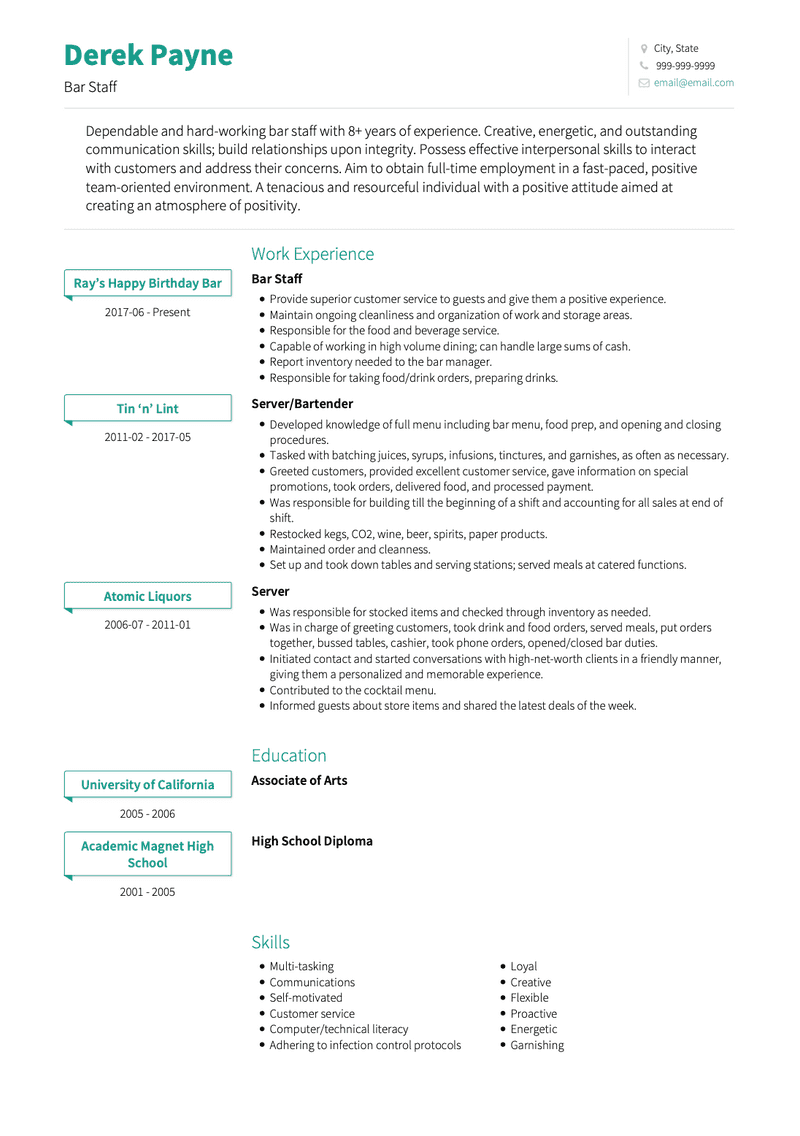 Bar Staff CV Example and Template