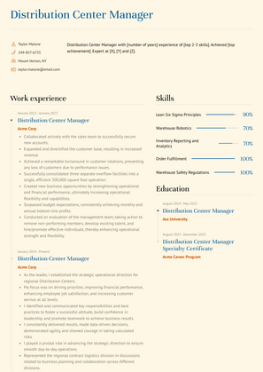 Distribution Center Manager Resume Sample and Template