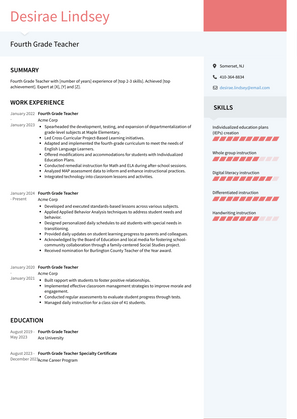 Fourth Grade Teacher Resume Sample and Template