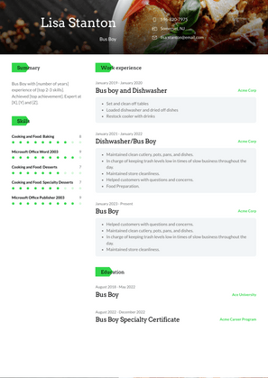 Bus Boy Resume Sample and Template
