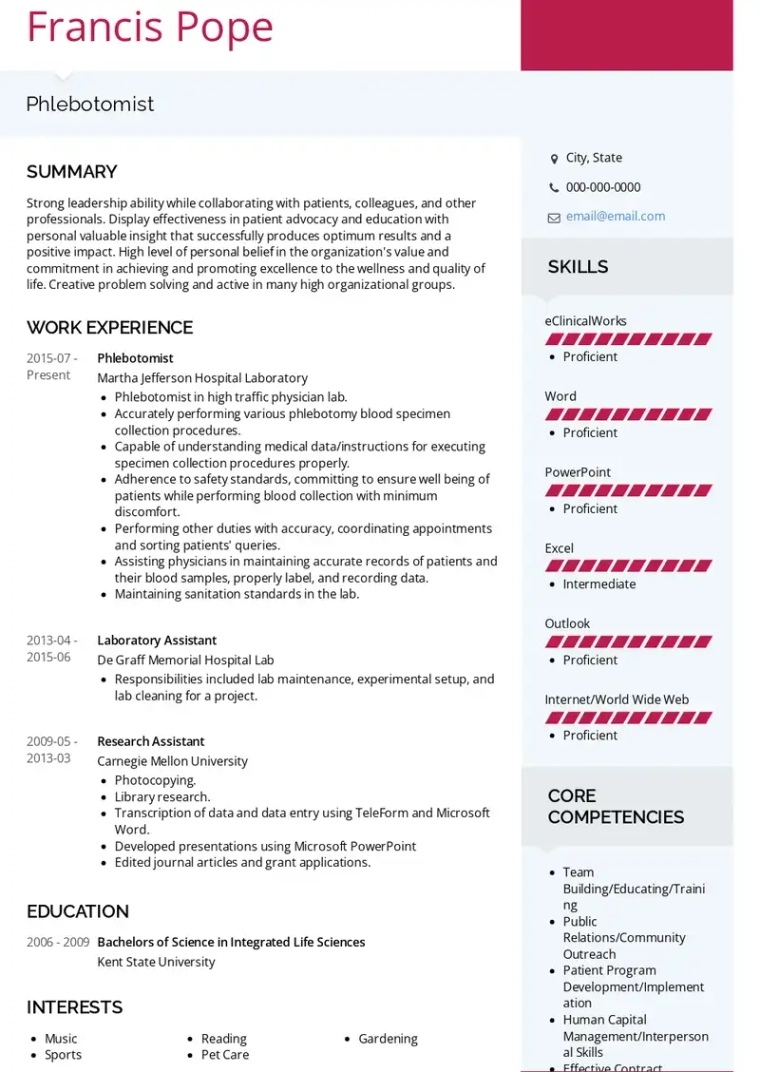 Experienced Phlebotomist resume