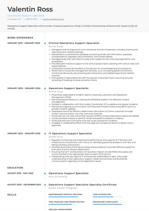 Operations Support Specialist Resume Sample and Template