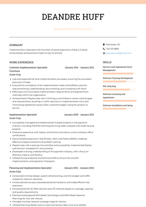 Implementation Specialist Resume Sample and Template