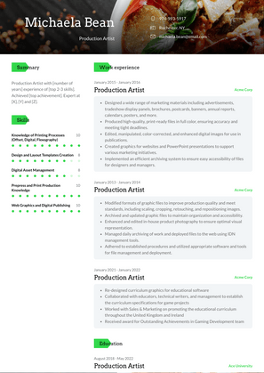 Production Artist Resume Sample and Template