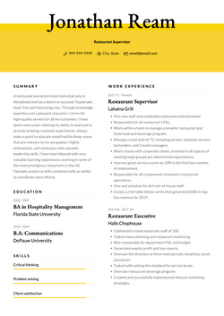 Restaurant Supervisor Resume Sample and Template