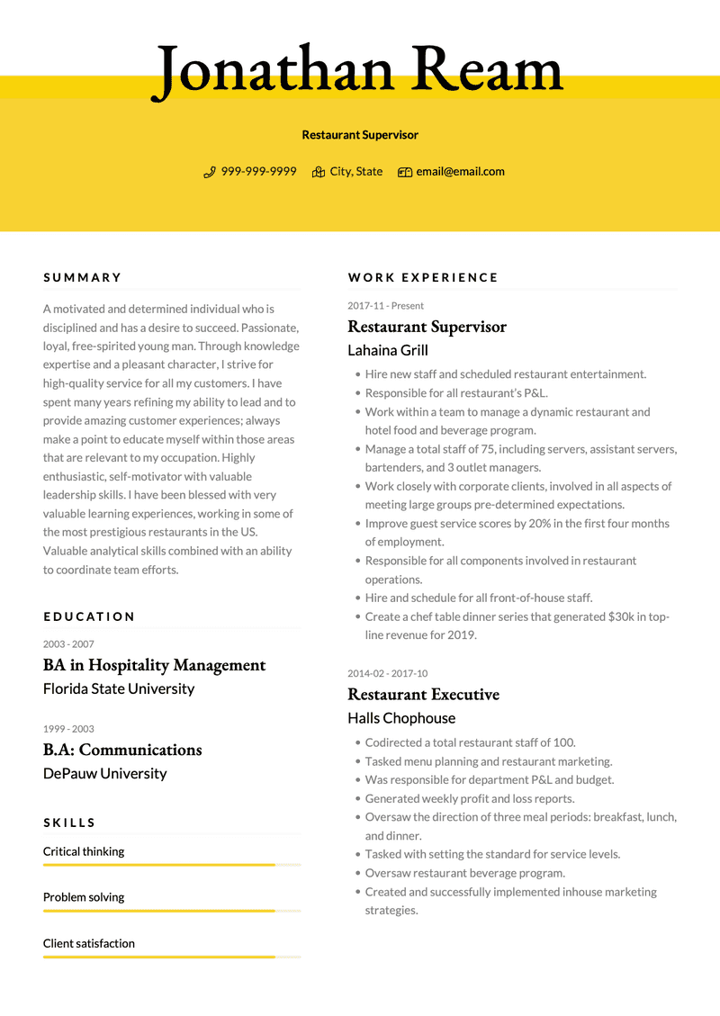 Restaurant Supervisor CV Example and Template