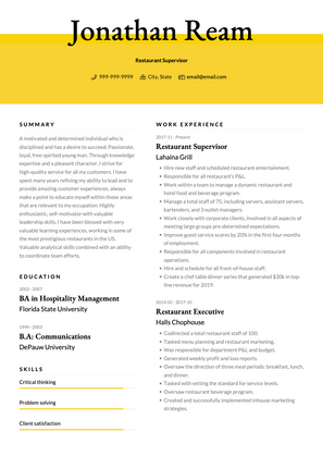 Restaurant Supervisor CV Example and Template