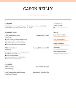 Public Relations Internship Resume Sample and Template
