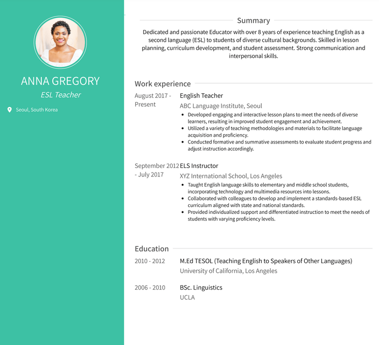 Korea Resume Example - Teacher