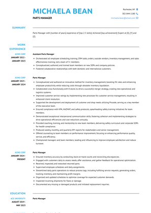 Parts Manager Resume Sample and Template