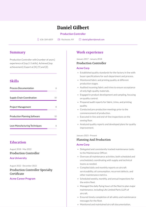 Production Controller Resume Sample and Template
