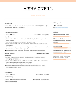 Minister Of Music Resume Sample and Template