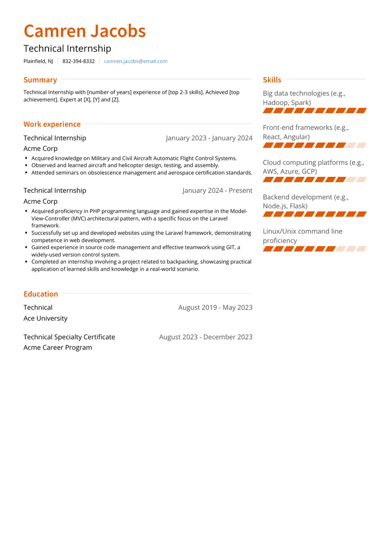 Technical Internship Resume Sample and Template