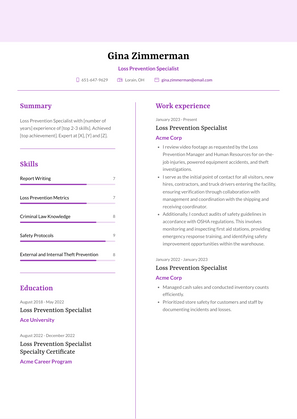 Loss Prevention Specialist Resume Sample and Template