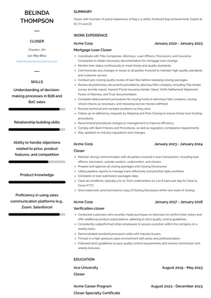 Closer Resume Sample and Template