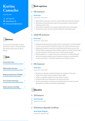 Esl Instructor Resume Sample and Template