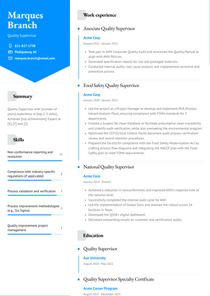 Quality Supervisor Resume Sample and Template