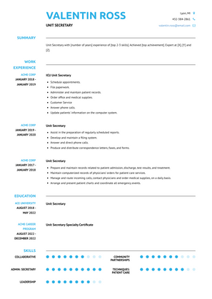 Unit Secretary Resume Sample and Template