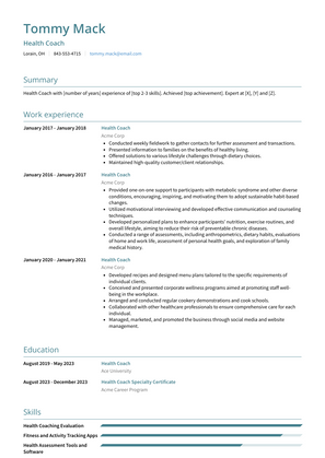 Health Coach Resume Sample and Template
