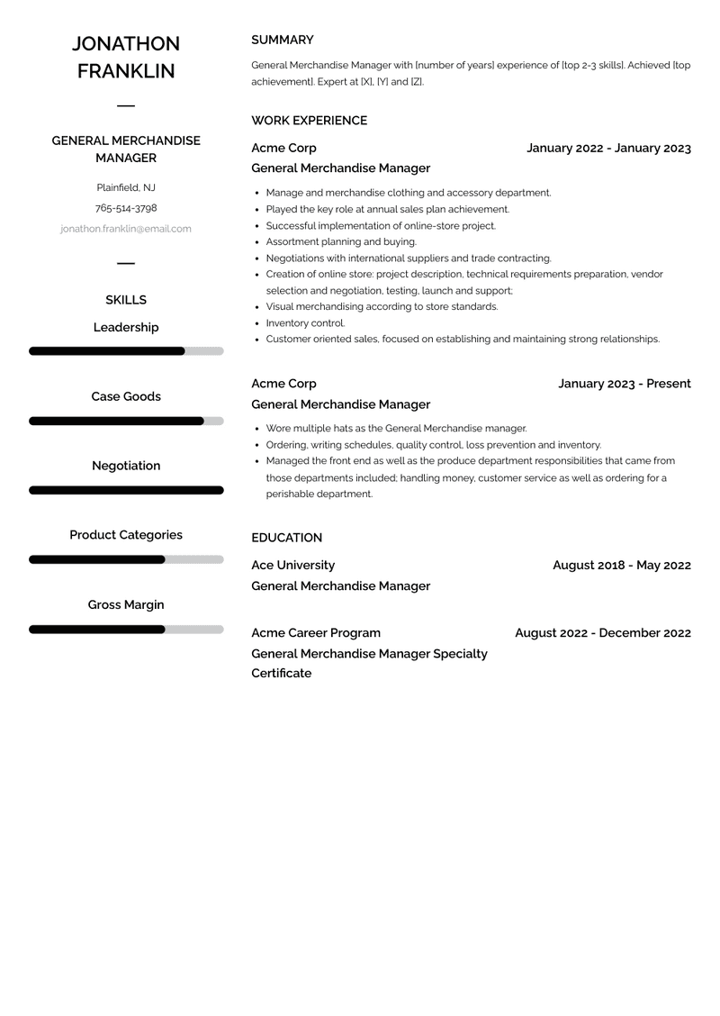 General Merchandise Manager Resume Sample and Template