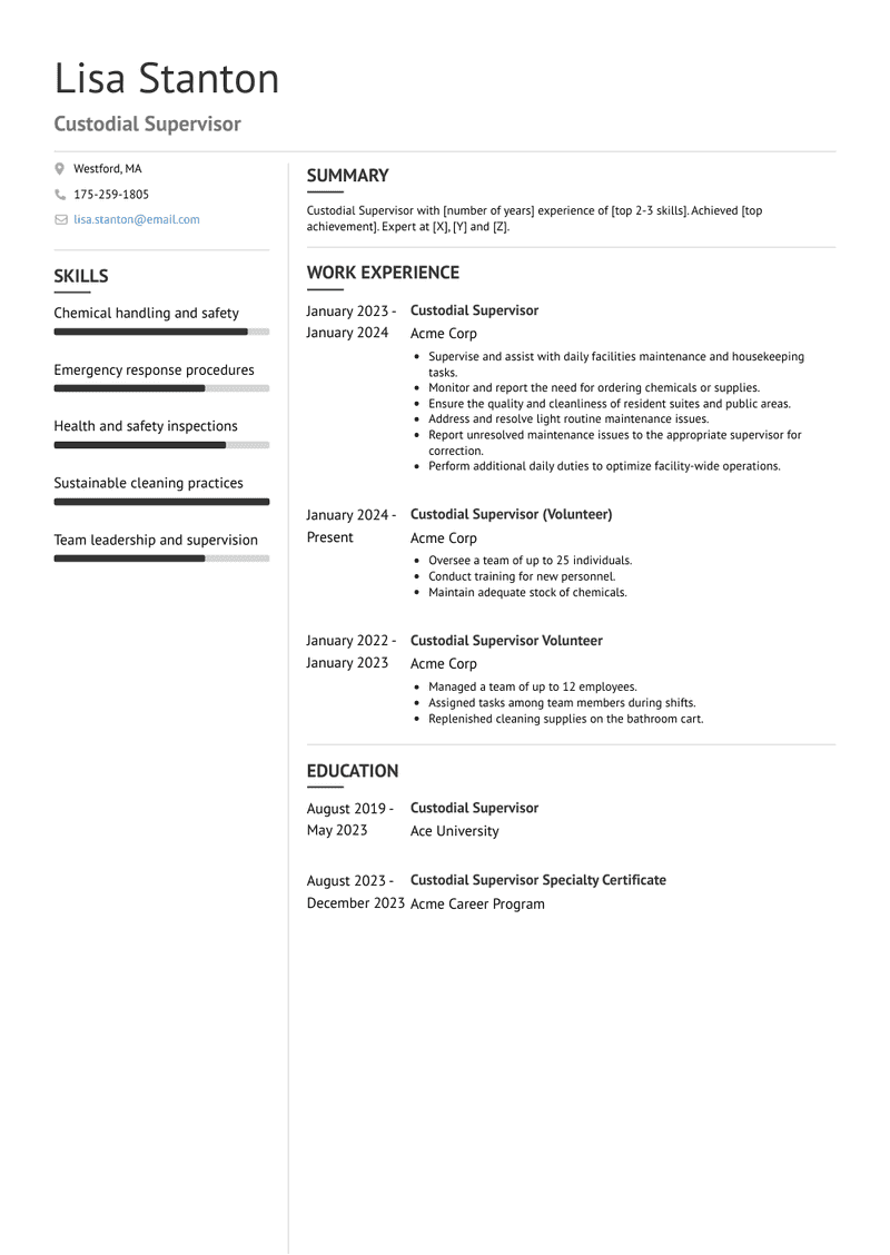 Custodial Supervisor Resume Sample and Template