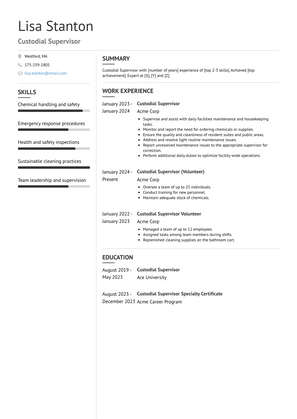 Custodial Supervisor Resume Sample and Template