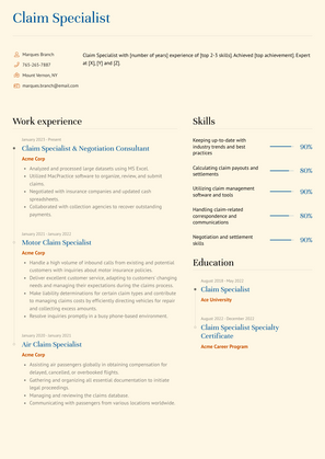Claim Specialist Resume Sample and Template