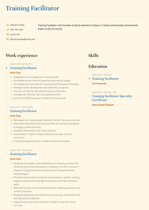 Training Facilitator Resume Sample and Template