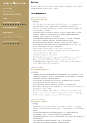 Production Controller Resume Sample and Template
