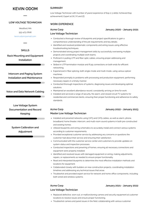 Low Voltage Technician Resume Sample and Template