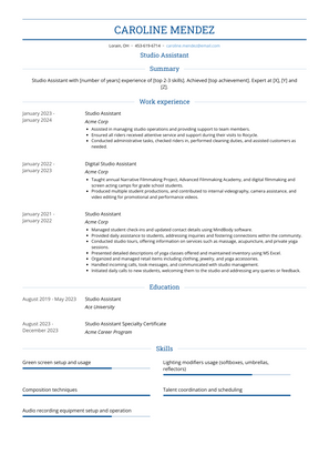 Studio Assistant Resume Sample and Template