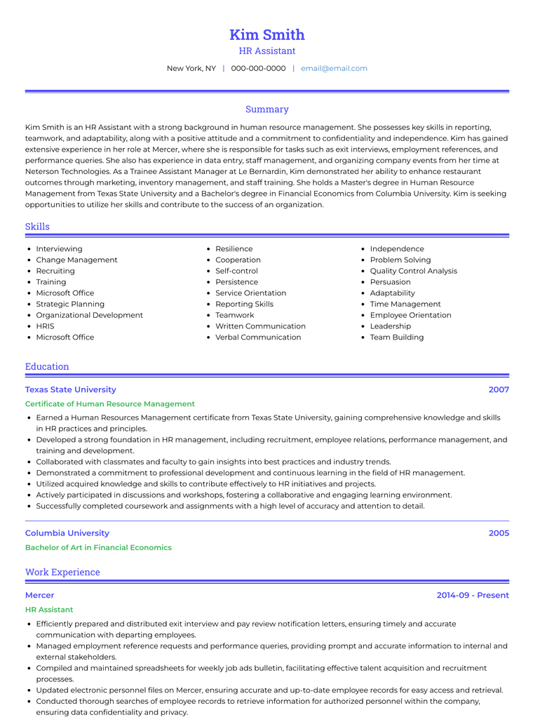 HR Resume No Experience ATS Example