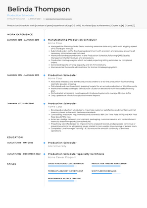 Production Scheduler Resume Sample and Template