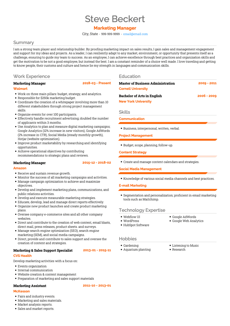 Marketing Manager CV Example and Template