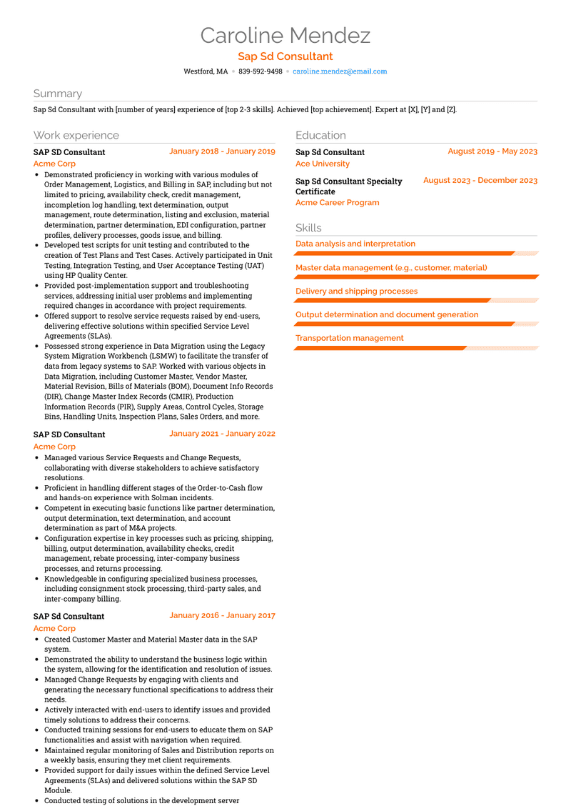 Sap Sd Consultant Resume Sample and Template