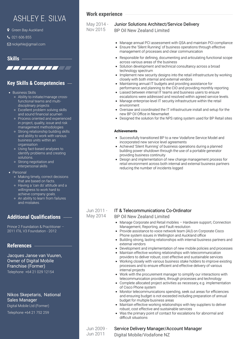 Junior Solutions Architect/Service Delivery Resume Sample and Template