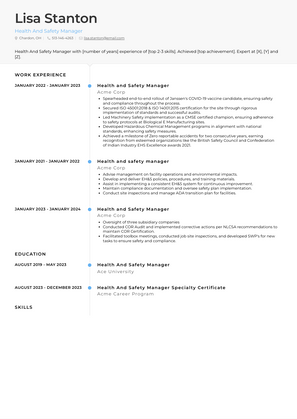 Health And Safety Manager Resume Sample and Template