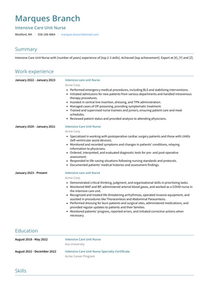 Intensive Care Unit Nurse Resume Sample and Template