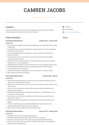Route Sales Representative Resume Sample and Template