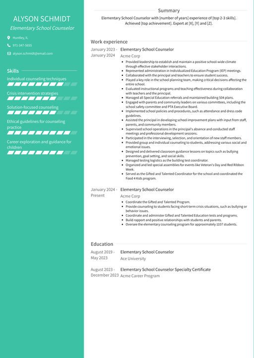 Elementary School Counselor Resume Examples and Templates