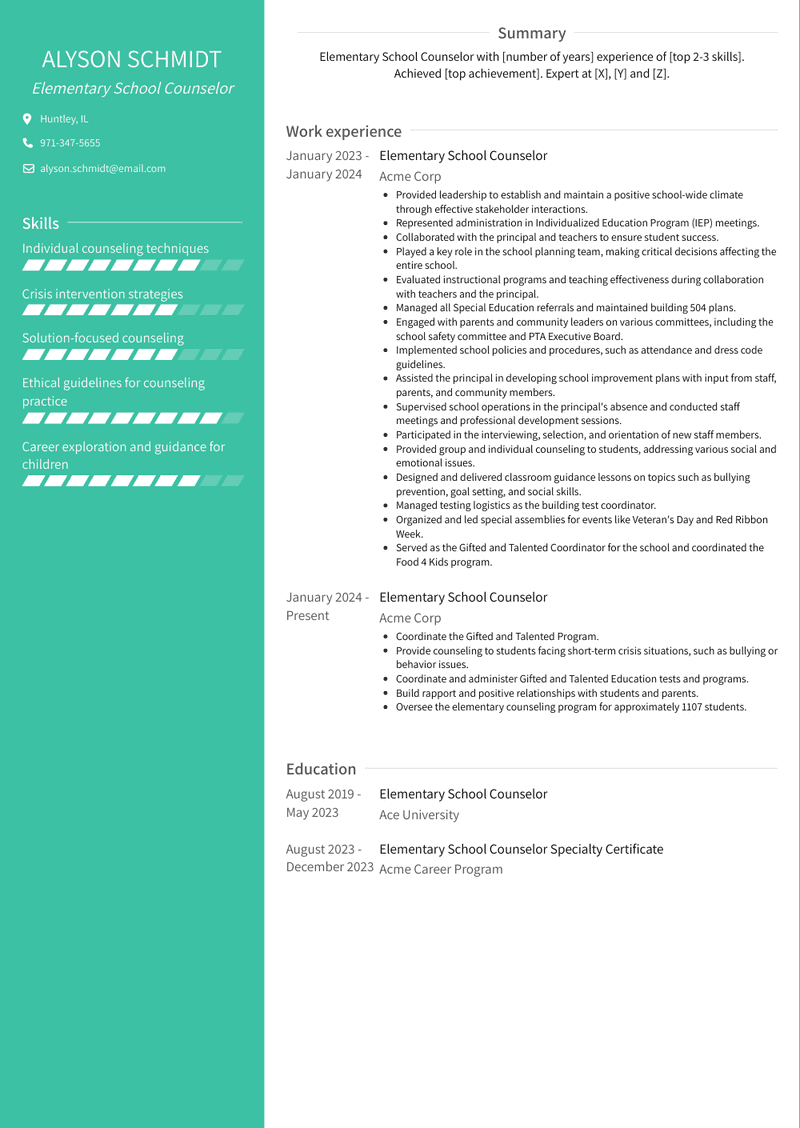 Elementary School Counselor Resume Sample and Template