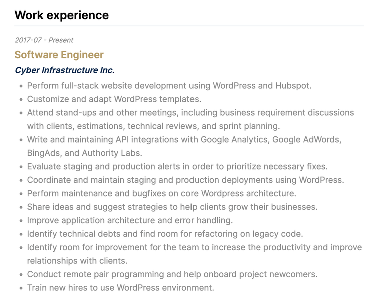 WordPress Developer Resume Work Experience